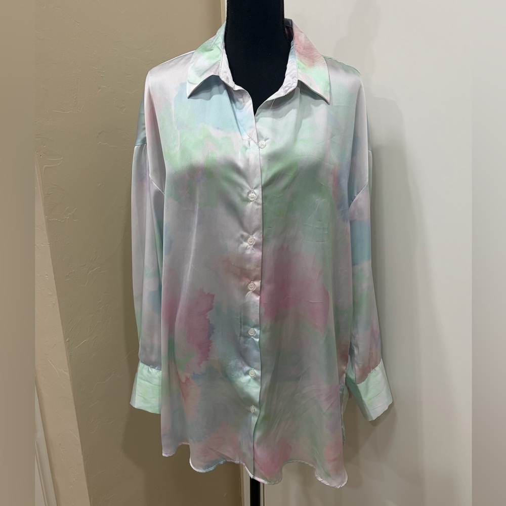 Velvet Heart Pastel Watercolor Button-Down Shirt in Pink Green Blue